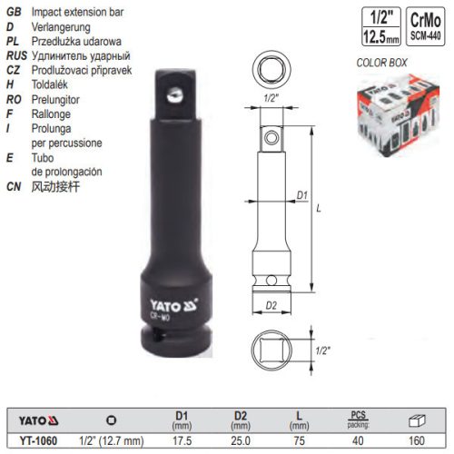 YATO YT-1060 Gépi dugókulcs toldószár 1/2 Col 75 mm CrMo