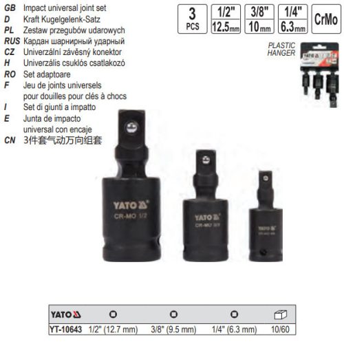 YATO YT-10643 Gépi csuklós csatlakozó készlet 3 részes 1/4 - 3/8 - 1/2 Col