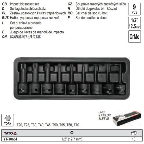 YATO YT-10654 Gépi hosszú bit dugókulcs készlet 9 részes Torx 1/2 Col T20-T70 CrMo