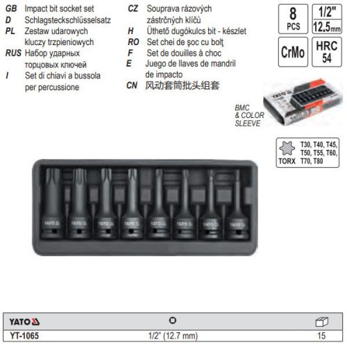 YATO YT-1065 Gépi hosszú bit dugókulcs készlet 8 részes Torx 1/2 Col T30-T80 CrMo