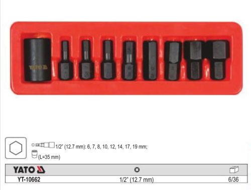 YATO YT-10662 Gépi imbusz bit készlet 9 részes 1/2 Col 6-19 mm dugókulcs adapterrel
