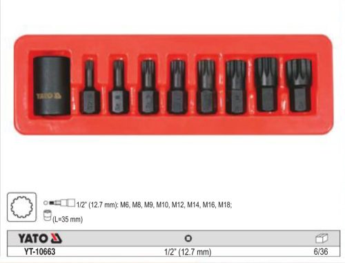 YATO YT-10663 Gépi spline bit készlet 9 részes 1/2 Col M6-M18 mm dugókulcs adapterrel