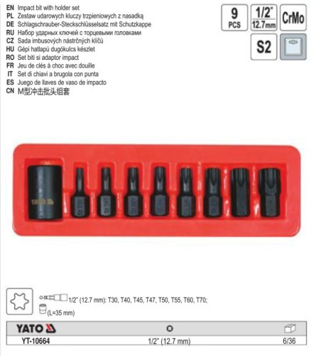 YATO YT-10664 Gépi torx bit készlet 9 részes 1/2 Col T30-T70 dugókulcs adapterrel