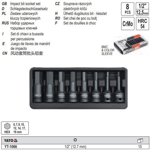YATO YT-1066 Gépi hosszú bit dugókulcs készlet 8 részes Imbusz 1/2 Col 6-19 mm CrMo