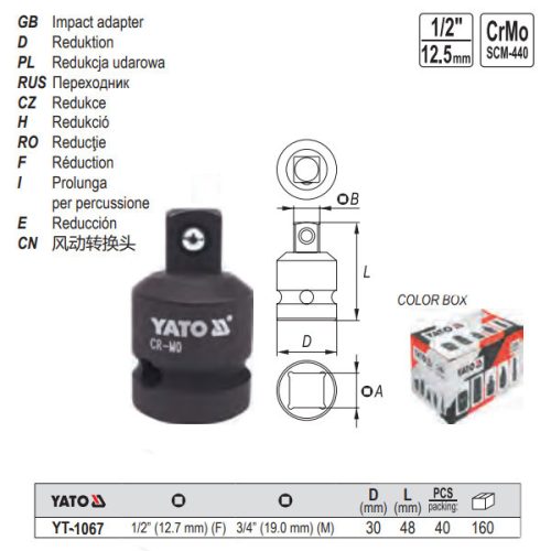 YATO YT-1067 Gépi dugókulcs adapter 1/2 Col -> 3/4 Col CrMo