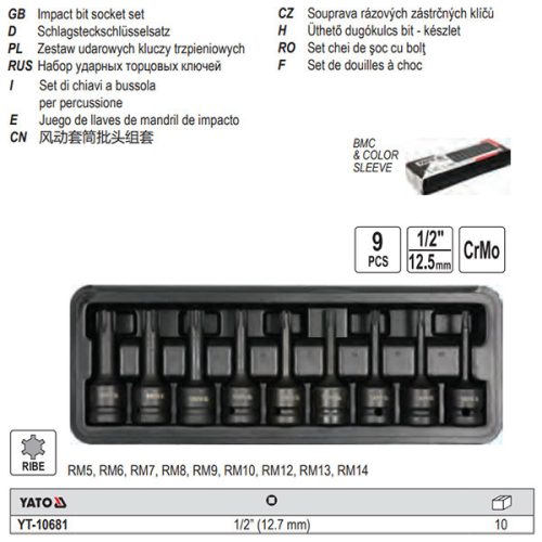 YATO YT-10681 Gépi hosszú bit dugókulcs készlet 9 részes Ribe 1/2 Col RM5-RM14 CrMo