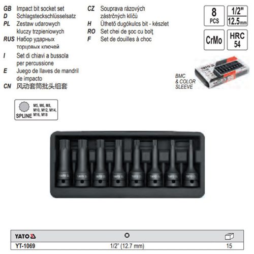 YATO YT-1069 Gépi hosszú bit dugókulcs készlet 8 részes Spline 1/2 Col M5-M18 CrMo