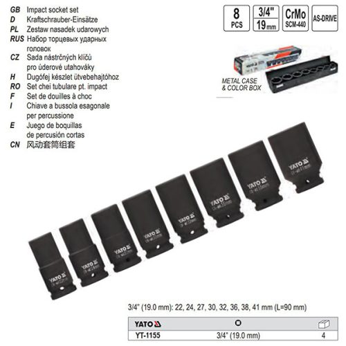 YATO YT-1155 Gépi hosszú dugókulcs készlet 8 részes 3/4 Col 22-41 mm CrMo