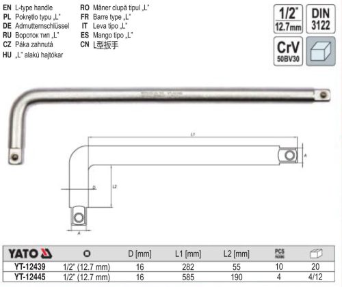 YATO YT-12439 L-alakú hajtókar 1/2 Col 300 x 70 mm