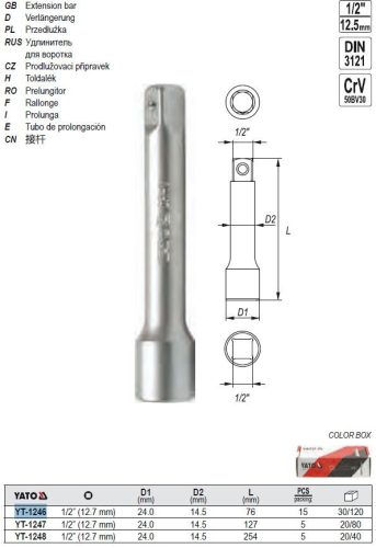 YATO YT-1246 Dugókulcs toldószár 1/2 Col 76 mm CrV