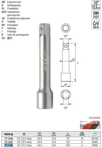 YATO YT-1248 Dugókulcs toldószár 1/2 Col 254 mm CrV