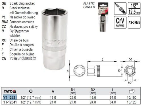 YATO YT-12531 Gyertyakulcs 1/2 Col 16 mm / 64 mm CrV