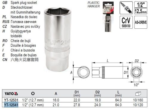 YATO YT-12541 Gyertyakulcs 1/2 Col 21 mm / 64 mm CrV