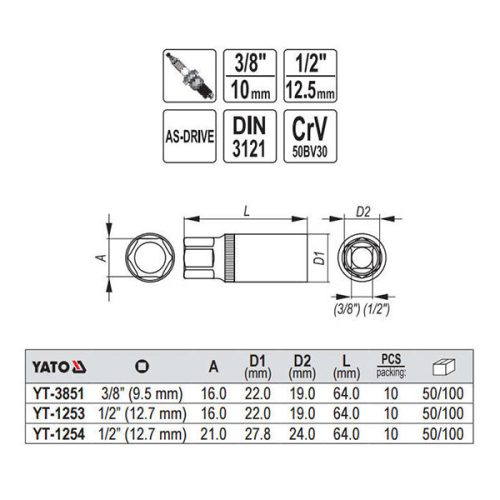 YATO YT-1254 Gyertyakulcs 1/2 Col 21 mm / 64 mm CrV