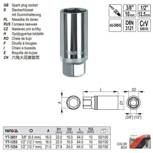 YATO YT-1254 Gyertyakulcs 1/2 Col 21 mm / 64 mm CrV