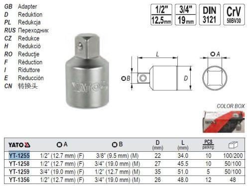 YATO YT-1255 Dugókulcs adapter 1/2 Col -> 3/8 Col CrV