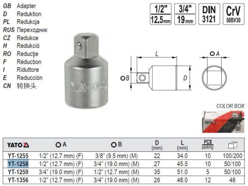 YATO YT-1258 Dugókulcs adapter 1/2 Col -> 3/4 Col CrV