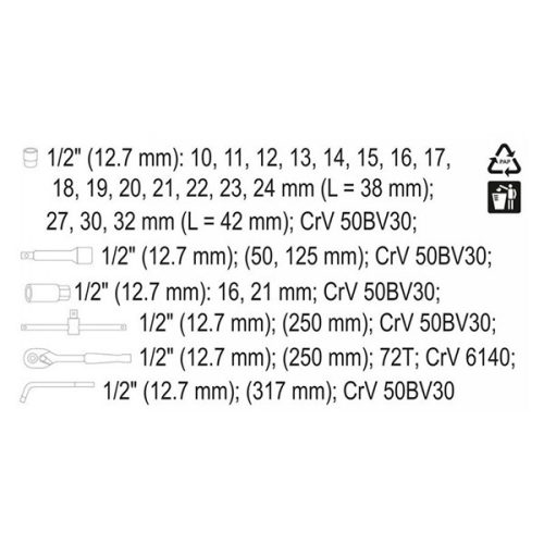 YATO YT-12671 Dugókulcs készlet 25 részes 1/2" 10-32 mm CrV