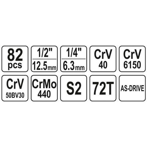 YATO YT-12691 Dugókulcs készlet 82 részes 1/4", 1/2" CrV