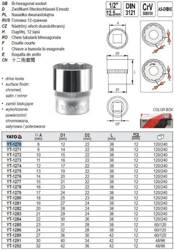 YATO YT-1270 Dugókulcs 12 szögletű 1/2 Col 8 mm CrV