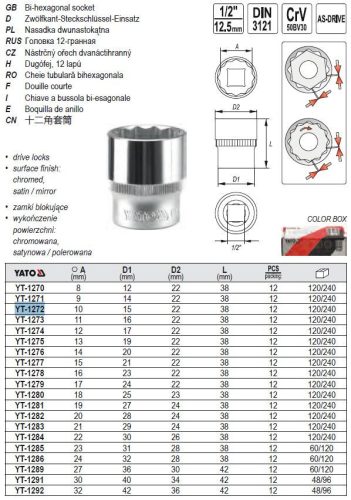 YATO YT-1272 Dugókulcs 12 szögletű 1/2 Col 10 mm CrV