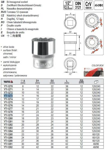 YATO YT-1273 Dugókulcs 12 szögletű 1/2 Col 11 mm CrV