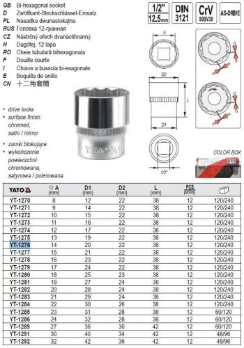 YATO YT-1276 Dugókulcs 12 szögletű 1/2 Col 14 mm CrV