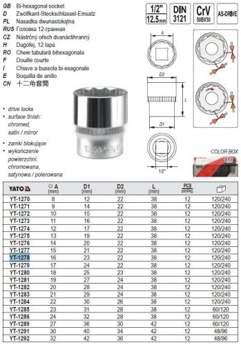 YATO YT-1278 Dugókulcs 12 szögletű 1/2 Col 16 mm CrV