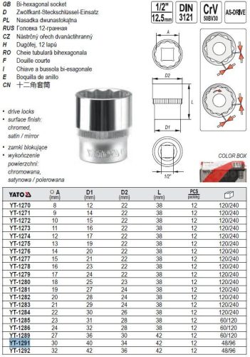 YATO YT-1291 Dugókulcs 12 szögletű 1/2 Col 30 mm CrV