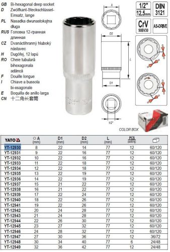 YATO YT-12930 Hosszú dugókulcs 12 szögletű 1/2 Col 8 mm CrV