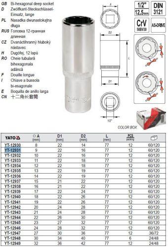 YATO YT-12931 Hosszú dugókulcs 12 szögletű 1/2 Col 9 mm CrV