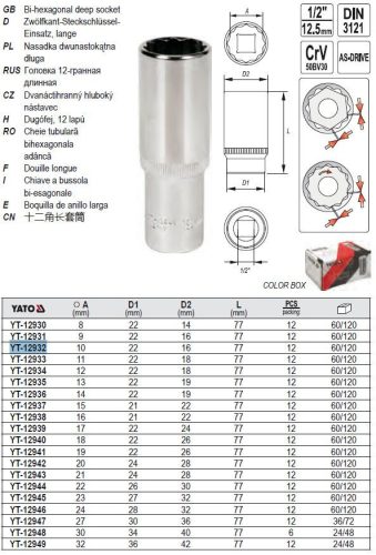 YATO YT-12932 Hosszú dugókulcs 12 szögletű 1/2 Col 10 mm CrV