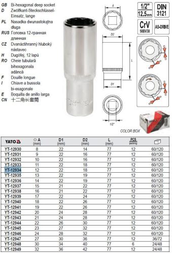 YATO YT-12934 Hosszú dugókulcs 12 szögletű 1/2 Col 12 mm CrV
