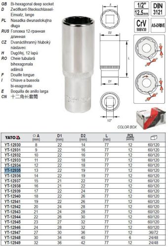 YATO YT-12935 Hosszú dugókulcs 12 szögletű 1/2 Col 13 mm CrV