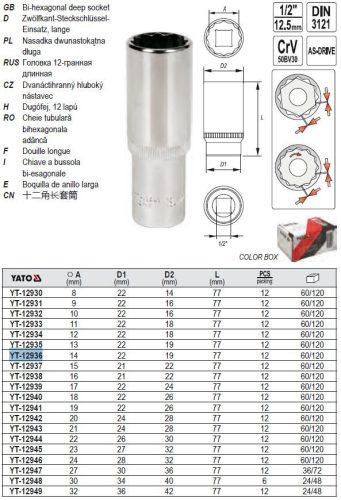 YATO YT-12936 Hosszú dugókulcs 12 szögletű 1/2 Col 14 mm CrV