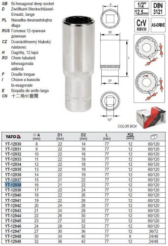 YATO YT-12938 Hosszú dugókulcs 12 szögletű 1/2 Col 16 mm CrV