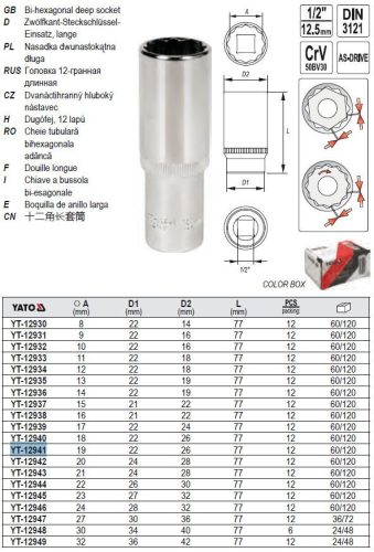 YATO YT-12941 Hosszú dugókulcs 12 szögletű 1/2 Col 19 mm CrV