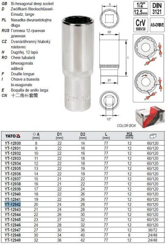 YATO YT-12942 Hosszú dugókulcs 12 szögletű 1/2 Col 20 mm CrV