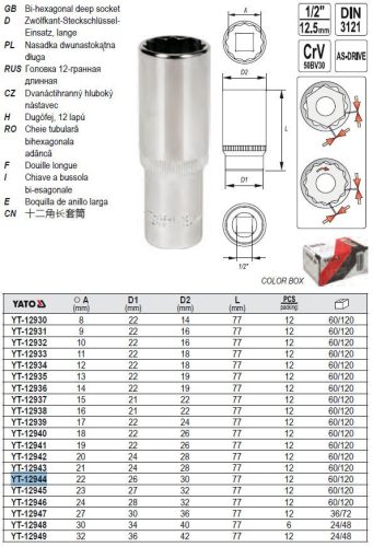 YATO YT-12944 Hosszú dugókulcs 12 szögletű 1/2 Col 22 mm CrV