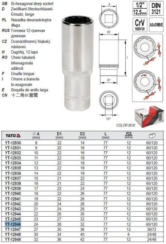 YATO YT-12946 Hosszú dugókulcs 12 szögletű 1/2 Col 24 mm CrV