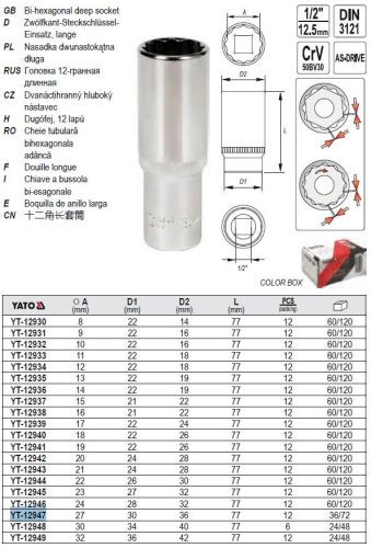 YATO YT-12947 Hosszú dugókulcs 12 szögletű 1/2 Col 27 mm CrV