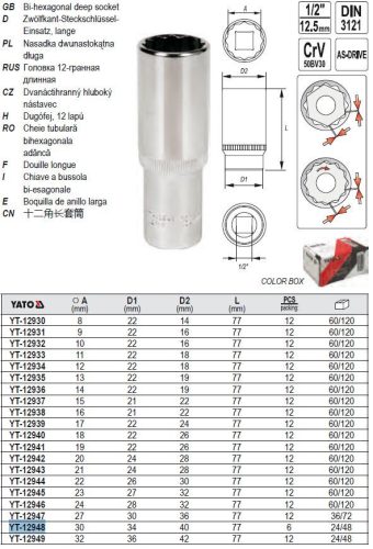 YATO YT-12948 Hosszú dugókulcs 12 szögletű 1/2 Col 30 mm CrV