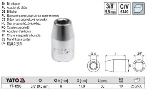 YATO YT-1296 Bithegy-tartó adapter 3/8 Col négyszög - 5/16 col (8 mm) Hex