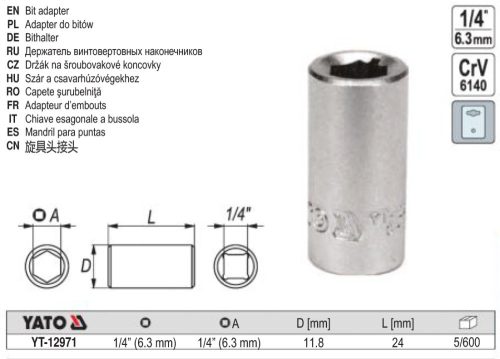 YATO YT-12971 Bithegy-tartó adapter 1/4 Col négyszög ->1/4 Col Hex