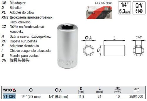 YATO YT-1297 Bithegy-tartó adapter 1/4 Col négyszög-> 1/4 Col Hex