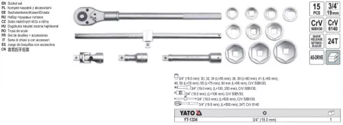 YATO YT-1334 Dugókulcs készlet 15 részes 3/4 Col 30-60 mm CrV