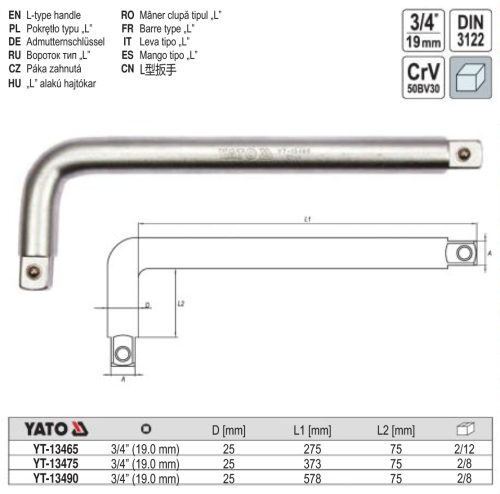 YATO YT-13490 L-alakú hajtókar 3/4 Col 600 x 100 mm CrV