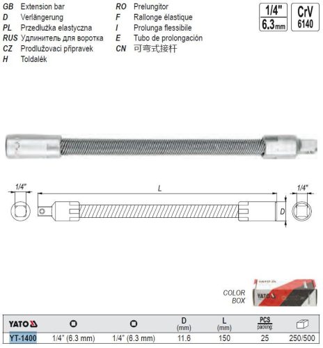 YATO YT-1400 Flexibilis behajtószár 1/4 Col x 1/4 Col 150 mm