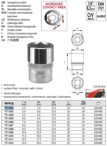 YATO YT-1401 Dugókulcs 1/4 Col 4 mm CrV
