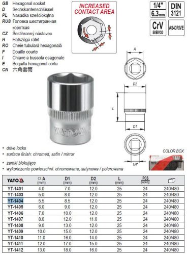 YATO YT-1404 Dugókulcs 1/4 Col 5,5 mm CrV